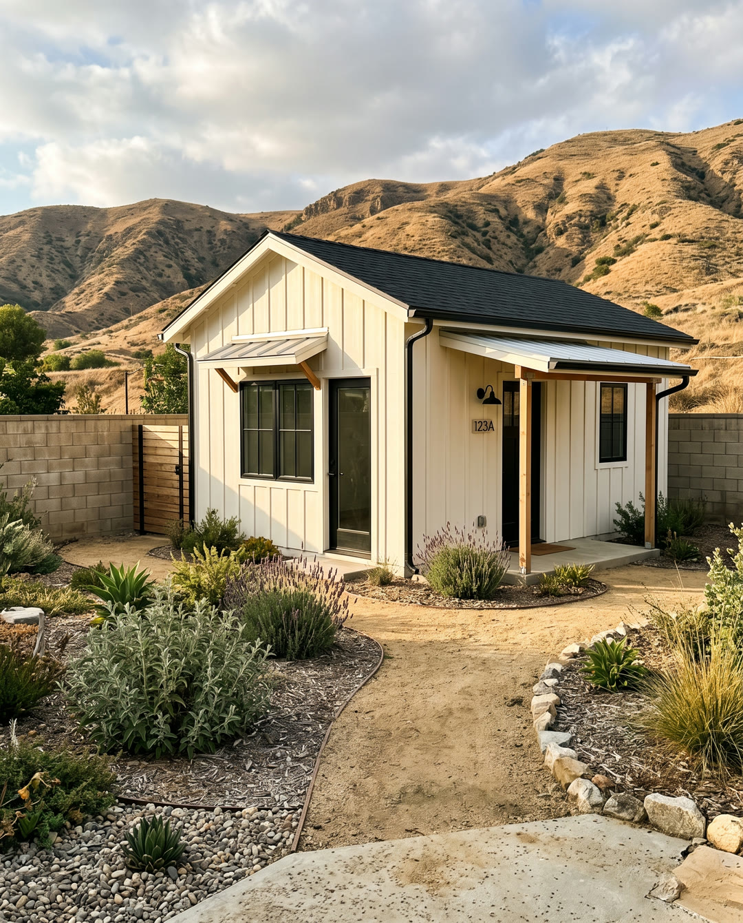 Single-story backyard ADU cottage with Simi Valley hills behind it
