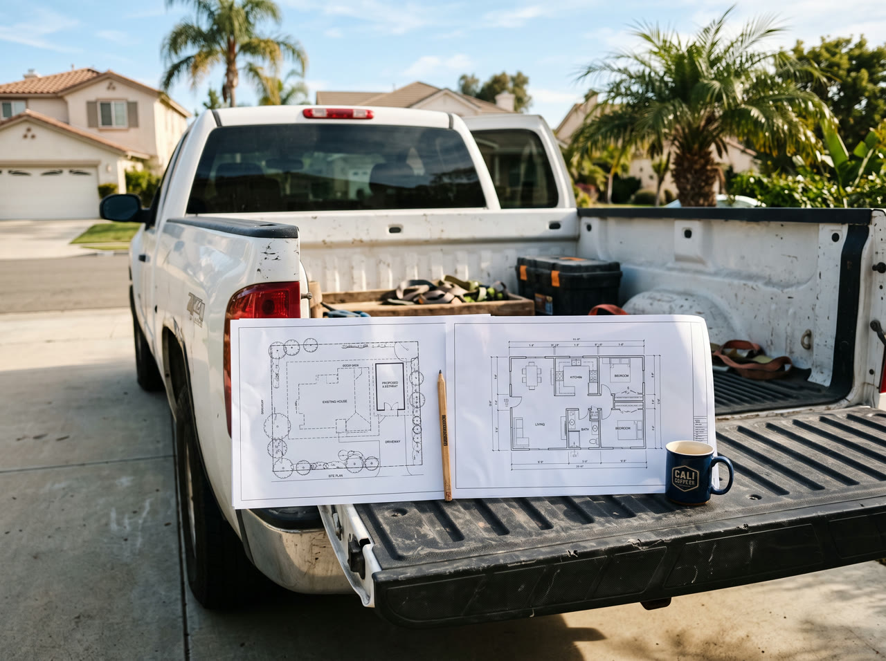 ADU site plan and floor plan drawings on a truck tailgate
