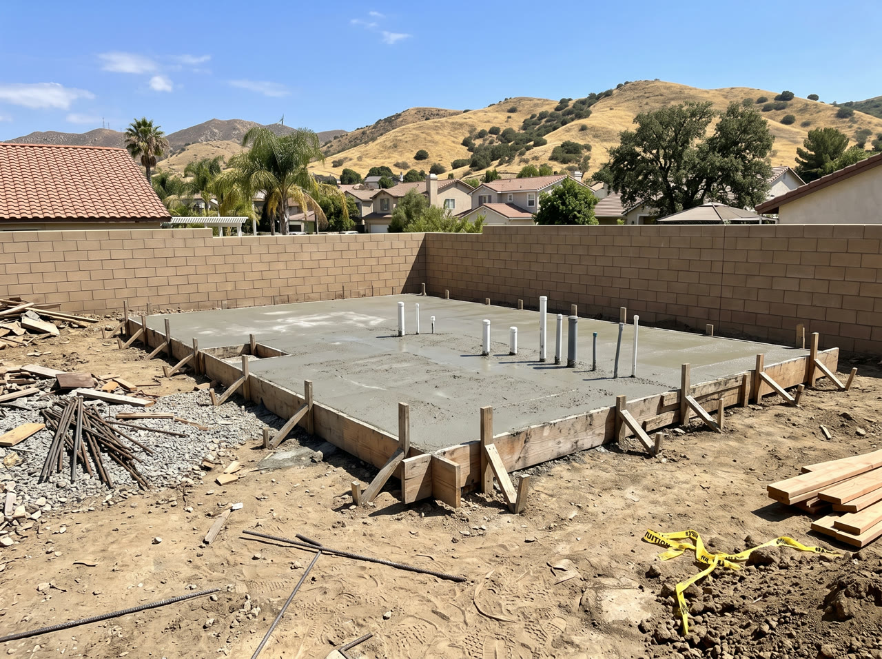 Fresh concrete slab with plumbing stub-outs